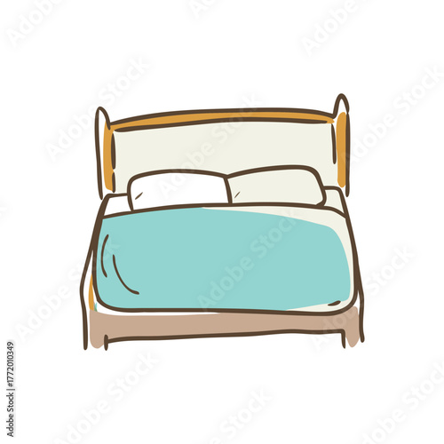 Simple vector illustration of a bed with blue blanket and pillows