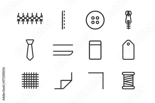 Textile Icon Collection. Textile details. Line icon set of textile details: stitch pattern, seam, button, zipper, tie, hem, label, tag, weave texture, fold,