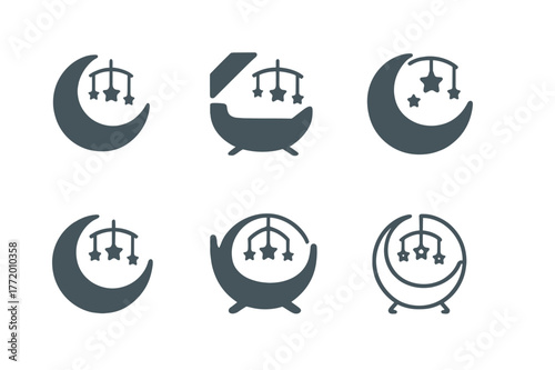 Crescent Cradle Logos. Baby nursery decor. Set Logo of Baby nursery decor: crescent cradle and star mobile. harmonious logo variations of the same emblematic