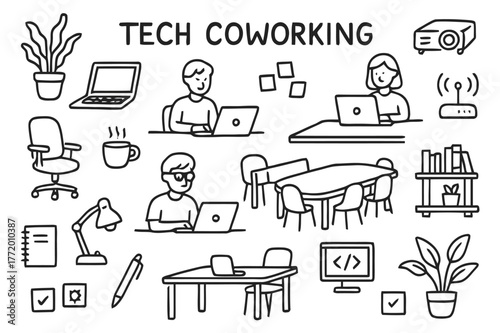 Tech Coworking Doodles. Tech Coworking. Hand-drawn doodle illustration Tech Coworking laptops, desks, chairs, coffee cups, monitors, people working, office