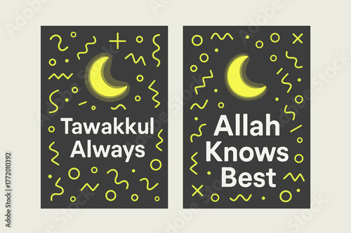 Tawakkul & Trust Banners. Trust & Reliance. Two vertical A6 banners with safe margins, centered composition, no elements touching edges, memphis, charcoal and