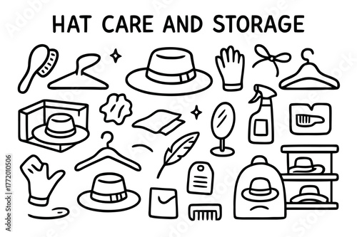 Hat Care Essentials. Hat care and storage. Hand-drawn doodle illustration Hat care and storage hat brush, box, hanger, tissue paper, glove, spray bottle,