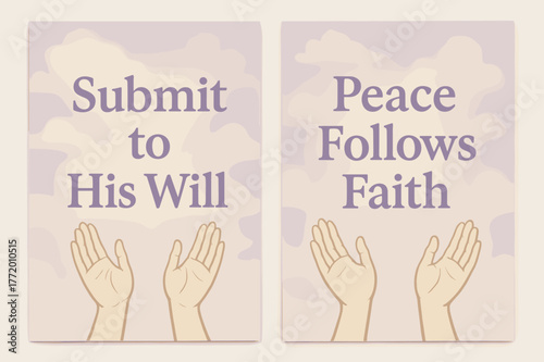 Peaceful Surrender Banners. Surrender. Two vertical A6 banners with safe margins, centered composition, no elements touching edges, pastel, lavender and cream,