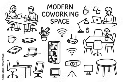 Coworking Space Doodles. Modern Coworking Spaces. Hand-drawn doodle illustration Modern Coworking Spaces desks, laptops, chairs, coffee cups, plants, people
