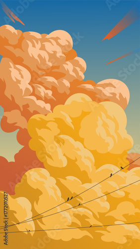 Vector illustration of golden hour clouds and birds on a wire