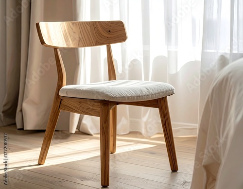 Wooden Chair in Sunlight near White Curtain Interior with Soft Lighting