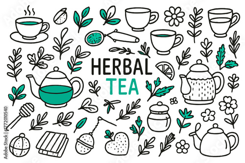 Herbal Tea Doodle. Herbal tea. Hand-drawn doodle illustration Herbal tea, tea leaves, tea cups, tea infusers, herbs, flowers, colored tea leaves, accented tea