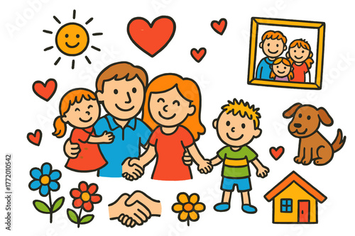 Family Love Doodle. Family love. Colorful Hand-drawn doodle Children illustration Family love parents, children, home, heart symbol, holding hands, smiling