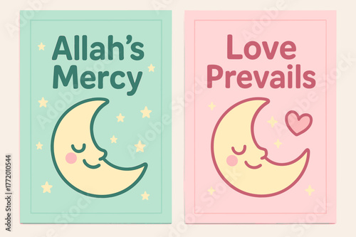 Mercy and Love Banners. Mercy & Love. Two vertical A6 banners with safe margins, centered composition, no elements touching edges, cartoon, pastel mint and