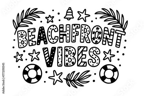 Beachfront Typography Art. Beachfront Vibes ? playful decorative display lettering; patterned letters (dots/stripes/stars), gently arched word-shape; framed
