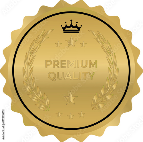 Golden premium quality seal with crown and laurel wreath on white background award badge related to golden seal, premium quality, crown wreath, laurel wreath, award badge, luxury emblem,