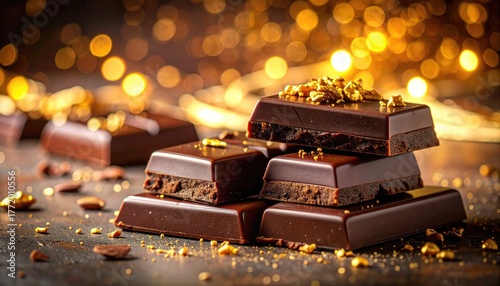 Stacked Chocolate Bars with Gold Flakes on Dark Surface and Bokeh Background