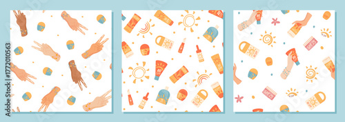 Cartoon seamless pattern with sunscreen bottle, tube, and sun shapes. Each bottle or tube holds spf cream, sunblock or spray. Summer protection lotion and sun pair with two hand shapes in cosmetic