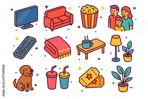 Cozy Movie Icons. Cozy movie night. Colorful isometric vector icons set of cozy movie night: TV, sofa, popcorn, family members, remote control, blanket, coffee