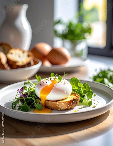 Poached Egg on Toast with Greens on a White Plate on Wooden Tabletop with Blurred Background
