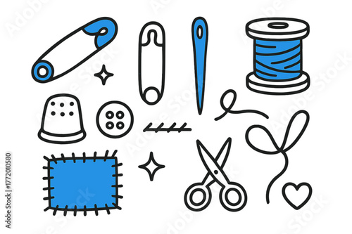 Doodle Sewing Accessories. // Safety pins and needles. Hand-drawn doodle illustration Safety pins and needles [open pin (accented), closed pin (accented),