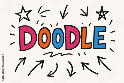 Playful Doodle Sketch. Doodle Sketch with playful hand-drawn letters, rough sketch outlines, arrows, stars, casual youthful layout, colored lettering, #