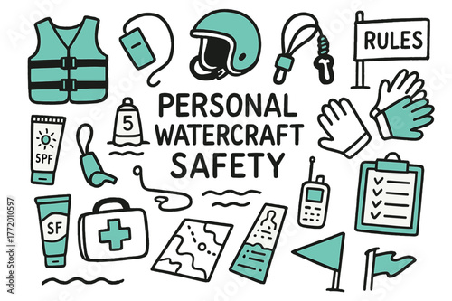 Watercraft Safety Essentials. // Personal watercraft safety. Hand-drawn doodle illustration Personal watercraft safety [PFD vest (accented), helmet (accented),