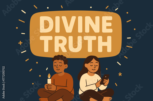 Divine Truth Banner. Divine truth banner, flat vector illustration, bold oversized text inside rounded blob, cartoon characters sitting peacefully under the