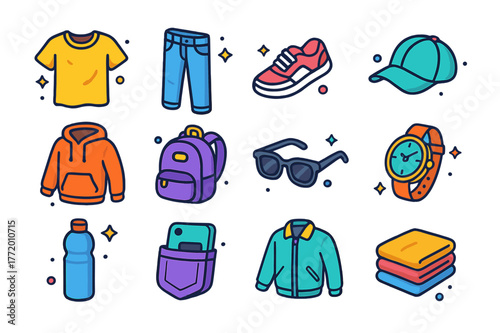 Casual Outfit Icons. Everyday casual outfits. Colorful isometric vector icons set of Everyday casual outfits: worn T-shirt, denim jeans, sneakers, baseball