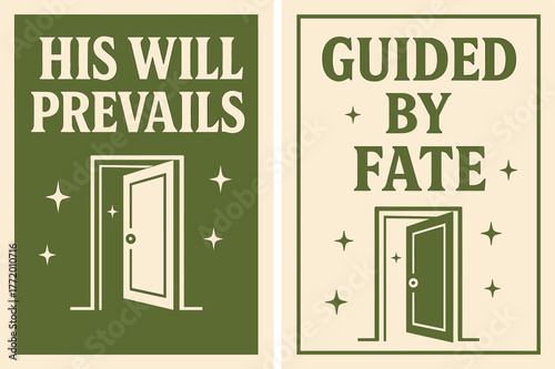 Retro Destiny Banners. Destiny. Two vertical A6 banners with safe margins, centered composition, no elements touching edges, retro, olive green and cream,