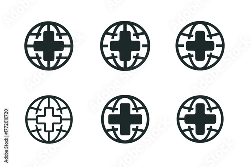 Harmonious Hospital Logos. International hospital. Set Logo of International hospital: cross within globe. harmonious logo variations of the same emblematic