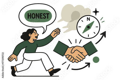 Guiding Ethical Honesty. Ethical truth-telling. A character offers a speech bubble with a visible core labeled ?Honest?; shadow speech bubbles fade behind. A