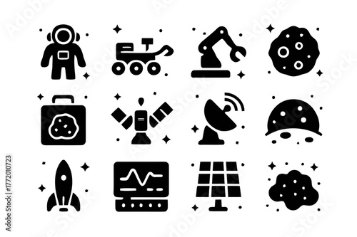 Space Icons Collection. Space exploration and meteorites. Solid icons set of Space exploration and meteorites: astronaut, rover, sample arm, meteorite rock,