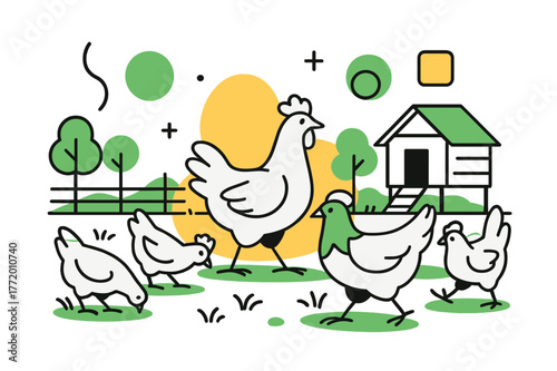 Geometric Chicken Playground. Poultry Farm. Wide view of outdoor poultry area with chickens roaming freely and floating abstract geometric shapes, lively and