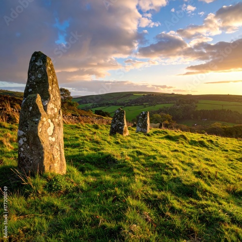 Ancient Standing Stones Silhouetted Against Evening Sky Over Grassy Landscape under golden light