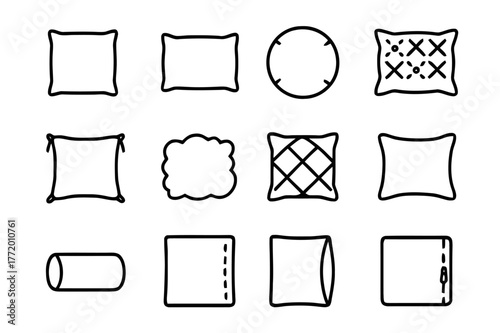 Pillow Icon Collection. Pillow Designs. Line icon set of Pillow Designs: square pillow, rectangle pillow, round pillow, patterned pillow, tassel pillow, fluffy