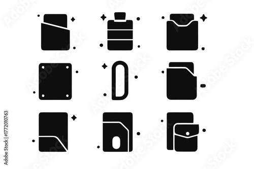 Minimalist Wallet Icons. Minimalist and slim designs. Solid icons set of minimalist and slim designs: slim card sleeve, pull-tab cardholder, elastic band