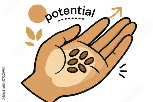 Seeds of Potential. Seeds ? In the Palm. Close-up of fingers holding small seeds under soft light; caption ?potential? whispers along a curved line. Minimal