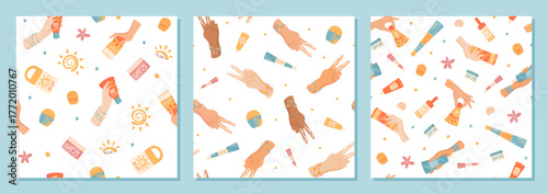 Flat seamless pattern with sunscreen bottle shapes and tube, sunblock lotion spray motifs, spf cosmetic product design for summer care. Pattern shows two hands that hold tube and bottle, ideal for