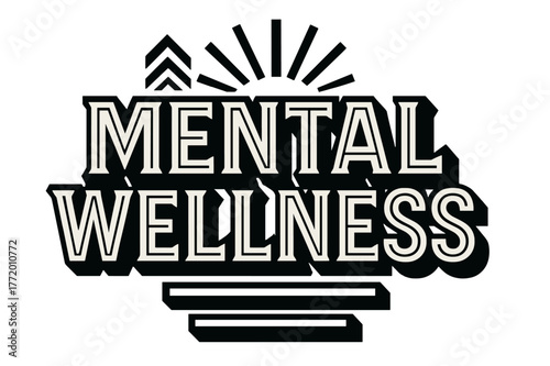 Bold Geometric Lettering. Mental Wellness ? bold block geometric lettering; thick uppercase with geometric serifs, heavy outer outline, strong cast shadow;