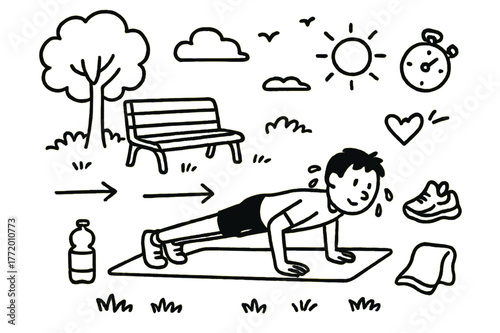 Outdoor Fitness Doodles. Outdoor workout. Hand-drawn doodle illustration outdoor workout park bench, grass, tree, push-up pose, mat, water bottle, sun, birds,