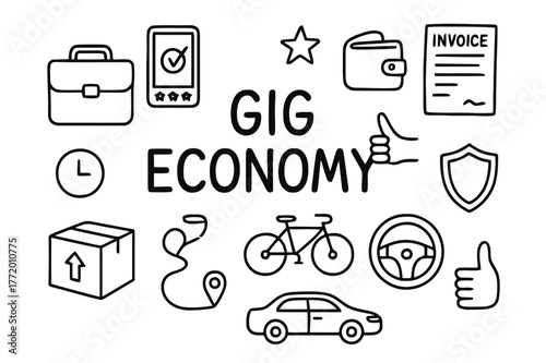 Gig Economy Doodles. Gig economy. Hand-drawn doodle illustration gig economy briefcase, mobile app, star rating, wallet, invoice, contract, delivery box,