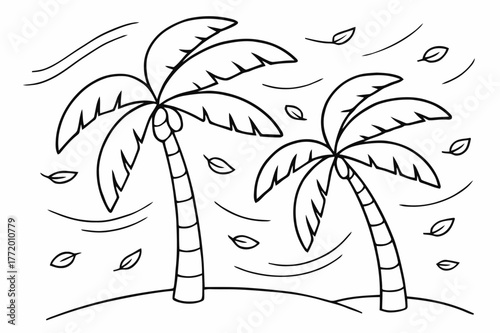 Windy Palm Coloring Page. Windy palm day children?s coloring book illustration, outlined drawing, palm trees bending gently in the breeze with curved motion