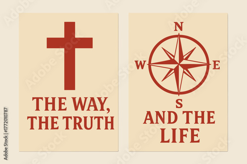 Truth and Way Banners. Truth and Way. Two vertical A6 banners with safe margins, centered composition, no elements touching edges, bold, red and beige, cross
