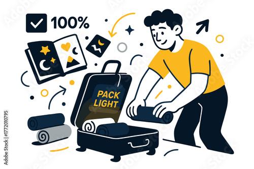 Dynamic Packing Scene. Packing essentials. He rolls shirts into neat cylinders while stickers spill from a journal; ?Pack light? glows on the luggage tag. A