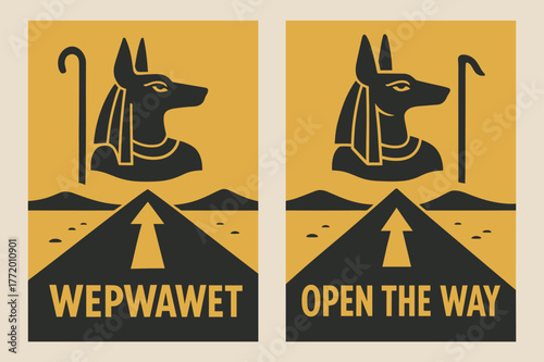 Opener Of The Ways. Opener of the Ways. Two vertical A6 banners with safe margins, centered composition, no elements touching edges, flat vector design, ochre