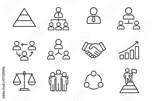 Team Structure Icons. Team pyramid. Line icon set of team pyramid: pyramid layers, team hierarchy, leader figure, middle manager, team members, collaboration