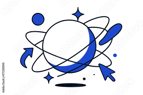 Dynamic Geometric Motion. Sphere. Sphere with orbiting abstract shapes, sparkles, and arrows; conveys science, technology, and motion. Modern flat vector scene