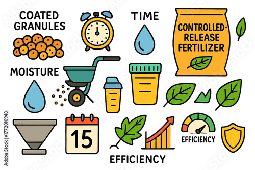 Fertilizer Doodle Illustrations. Controlled-release fertilizers. Colorful Hand-drawn doodle Children illustration Controlled-release fertilizers coated