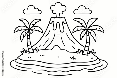 Volcano Island Coloring Page. Island volcano children?s coloring book illustration, outlined drawing, a peaceful cone-shaped volcano on a tiny island with palm
