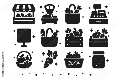 Farmers Market Icons. Farmers market with organic produce. Solid icons set of Farmers market with organic produce: market stall, weighing scale, cash box,