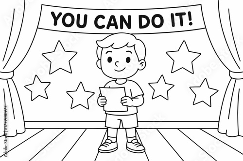 Confident Stage Performance. Stage courage children?s coloring book illustration, outlined drawing, a child standing confidently on stage while holding a