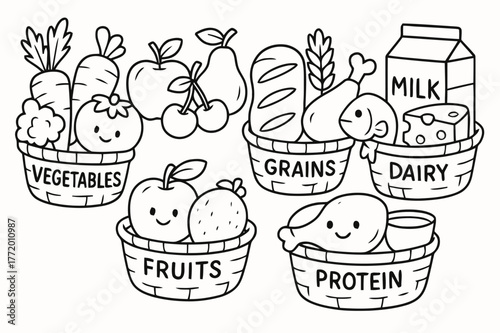 Kids' Food Groups Coloring. Food groups basics children?s coloring book illustration, outlined drawing, five cute baskets labeled vegetables, fruits, grains,