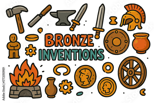 Bronze Age Artifacts. Bronze inventions. Colorful Hand-drawn doodle Children illustration Bronze inventions bronze tools, hammer, chisel, anvil, sword, shield,