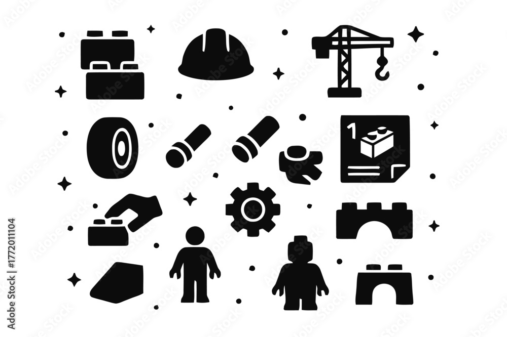 Fototapeta premium LEGO Icon Set. LEGO Construction Play. Solid icons set of LEGO Construction Play: stacked bricks, builder hat, crane arm, wheel, connector peg, instruction